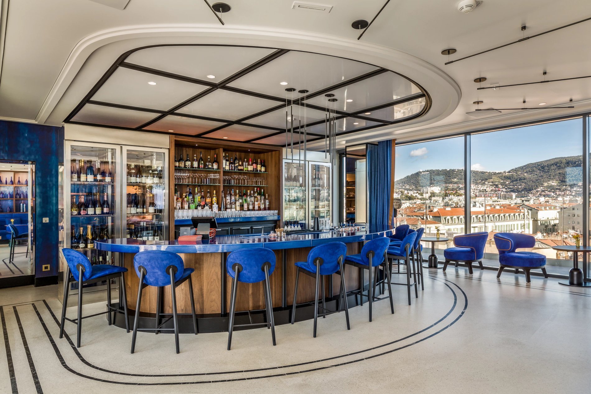 Panoramic sea view from the royal blue Taulissa Bar.