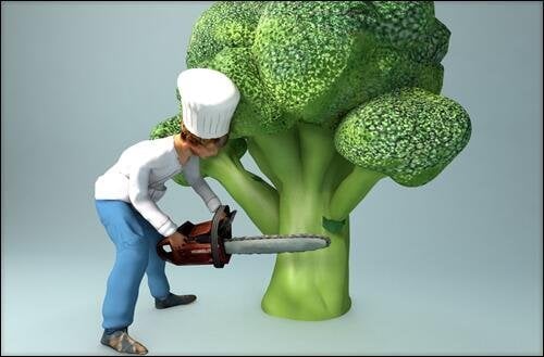 Image conceptuelle du "Petit Chef" avec un chef cuisinier et un brocoli géant