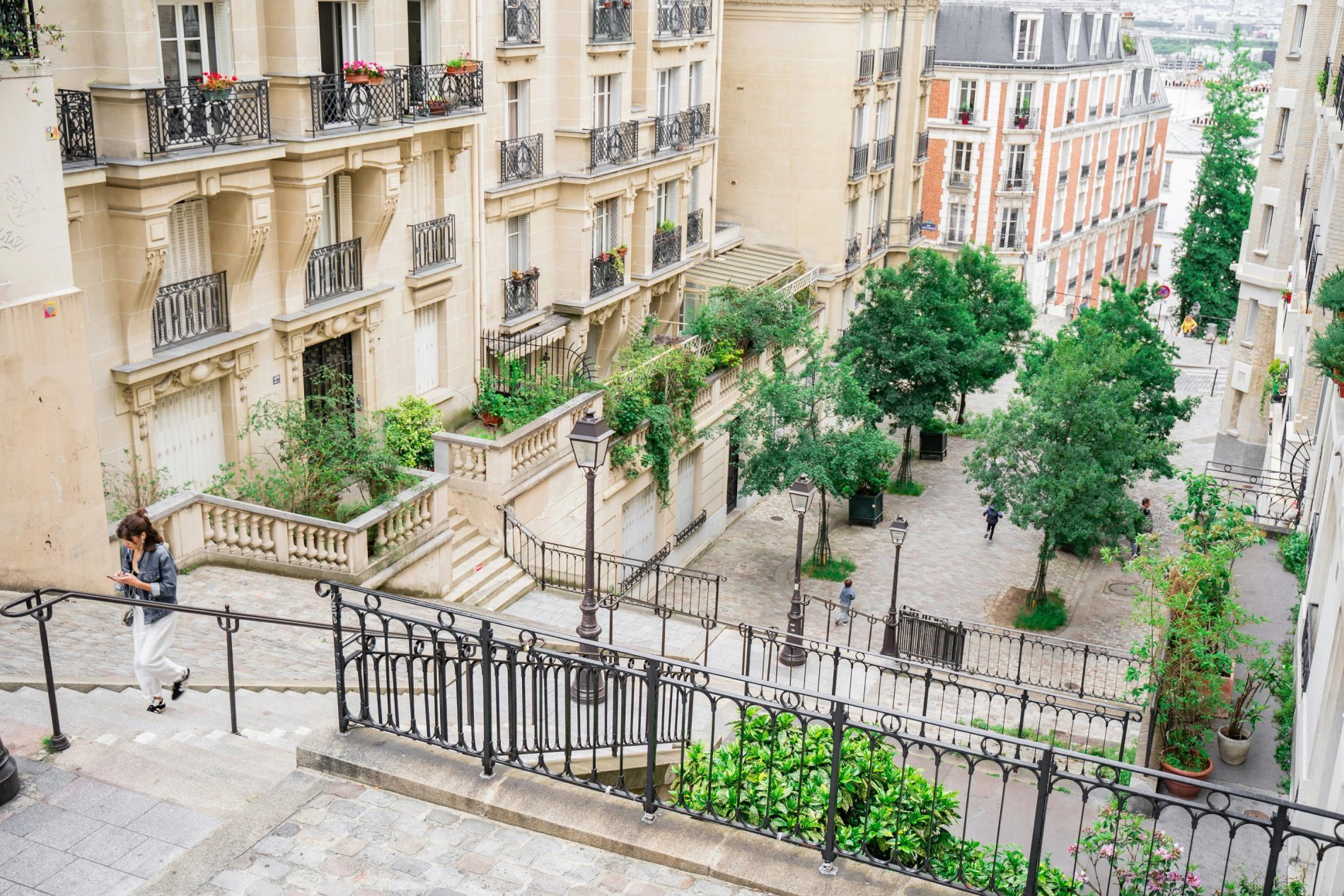 Typical Montmartre stairs and buildings, Parisian ambiance near Hotel Chamar.
