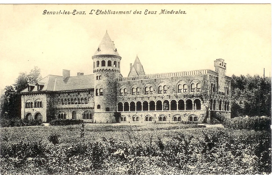 Illustration ancienne d'un bâtiment historique entouré de jardins.