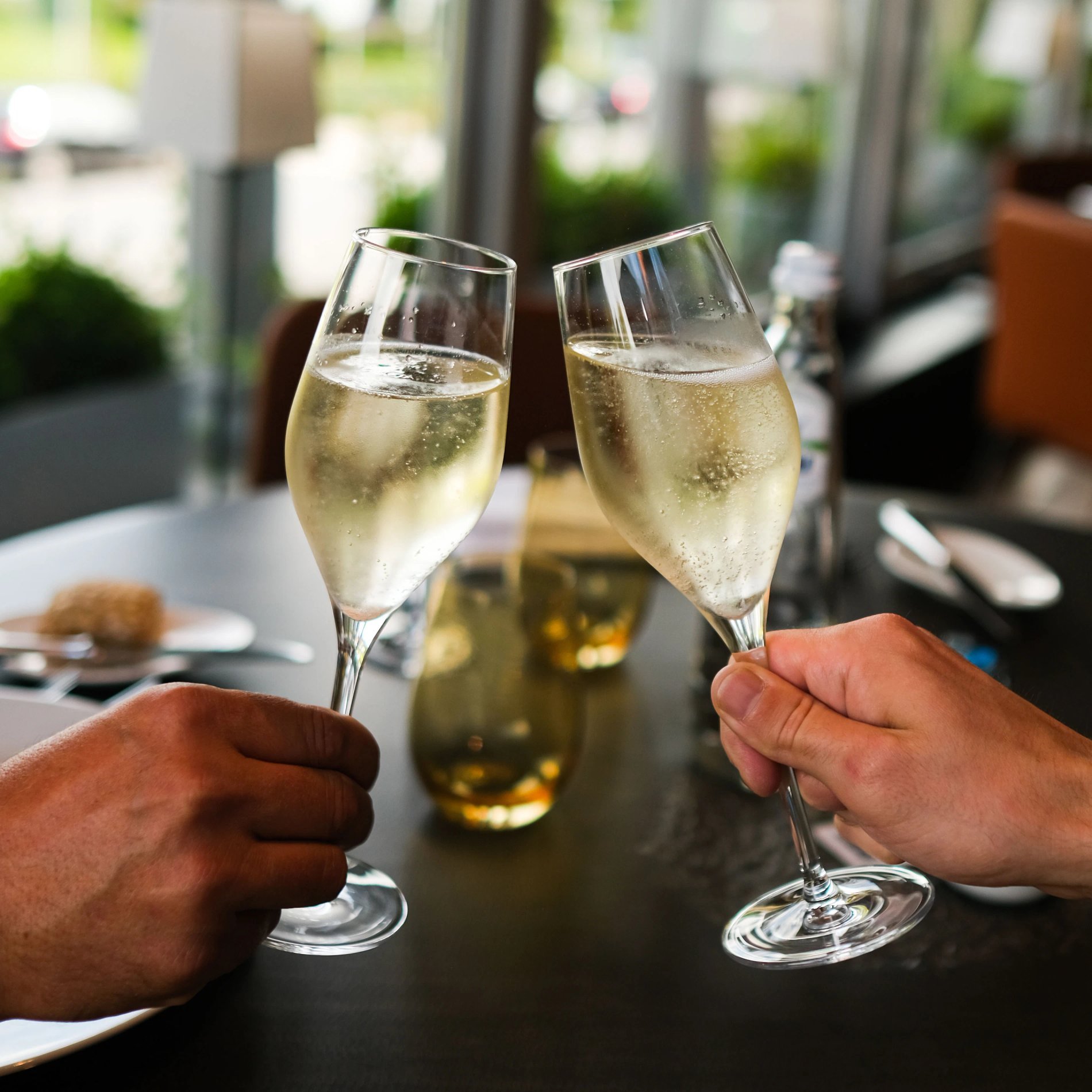 Two people toasting with glasses of champagne.