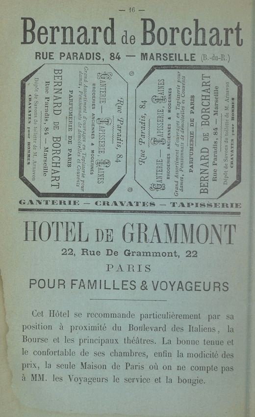 Advertisement  for the Hotel de Grammont in 1878 in the indicateur Marseillais magazine (source gallica.bnf.fr)
