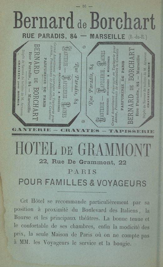 Publicité pour l'Hotel de Grammont en 1878 dans l'indicateur Marseillais (source gallica.bnf.fr)