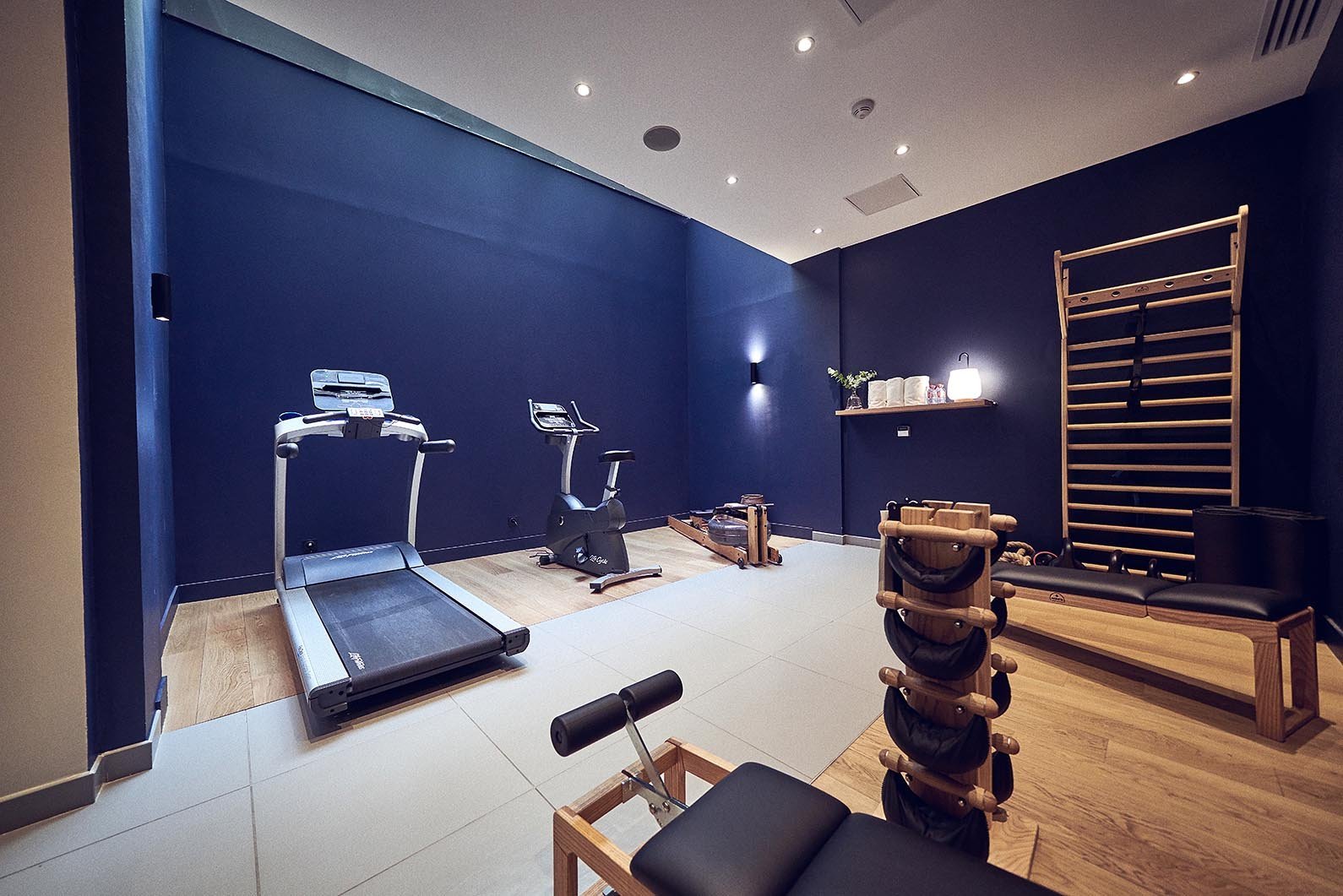 Professional sports equipment: Waterrower, rowing machine, espalier, natural ash exercise bench and weighted leather weight tower, Life Fitness treadmill and spinning bike, undulating rope, etc.