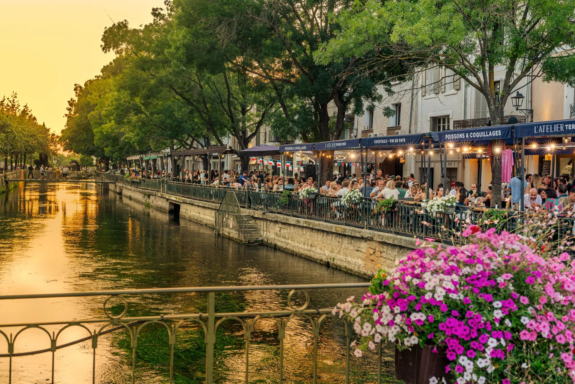 Ambiance chaleureuse d’un soir d’été en bord de canal à L’Isle-sur-la-Sorgue