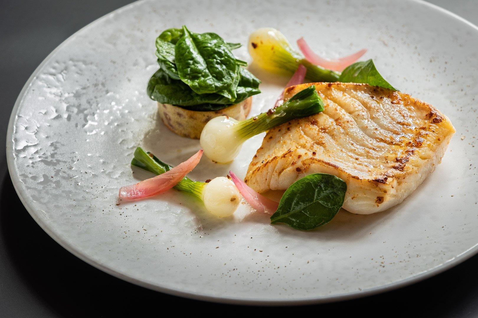 Plat gastronomique avec du poisson grillé, des épinards et des légumes sur une assiette blanche.