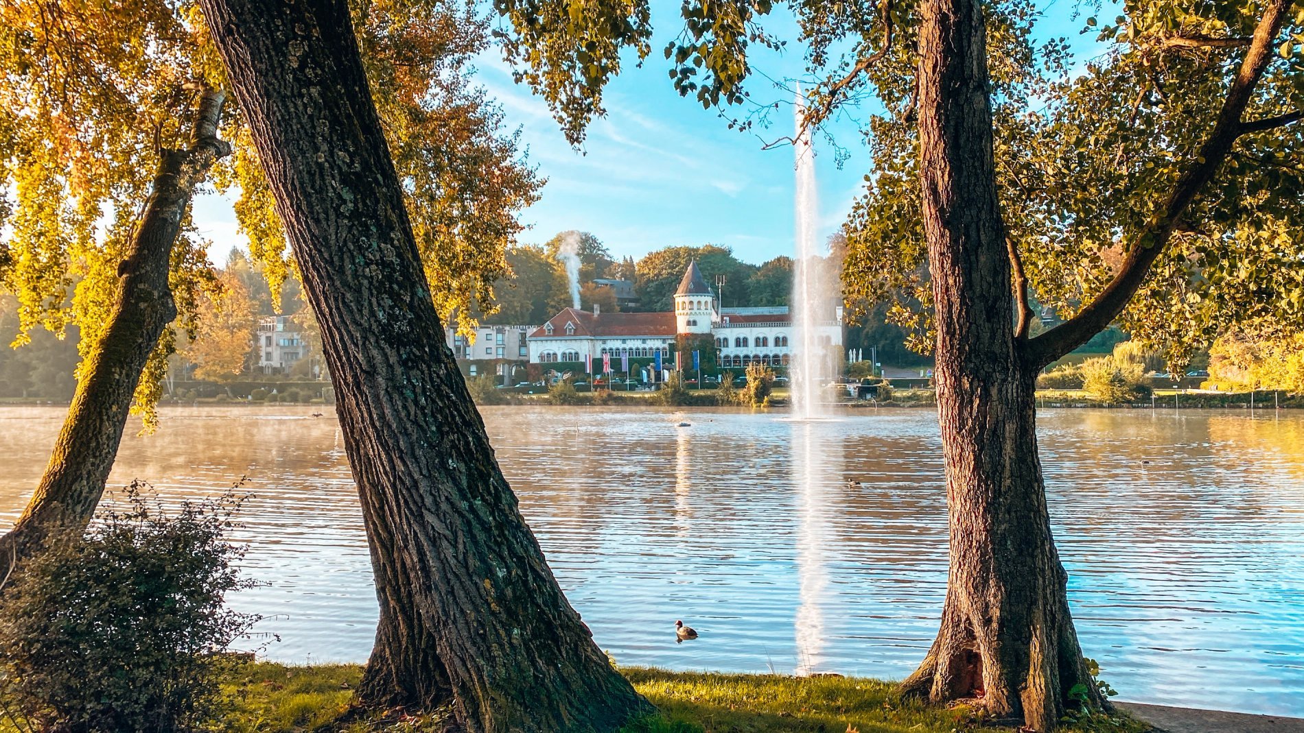 Vue sur le lac avec fontaine et verdure depuis le Martin's Château du Lac.