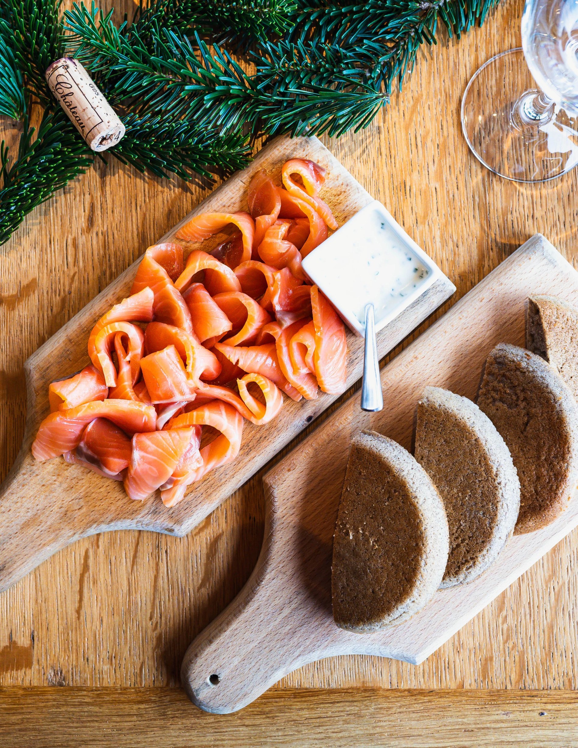 Home-smoked salmon and blinis, tapas, lunch, fresh produce