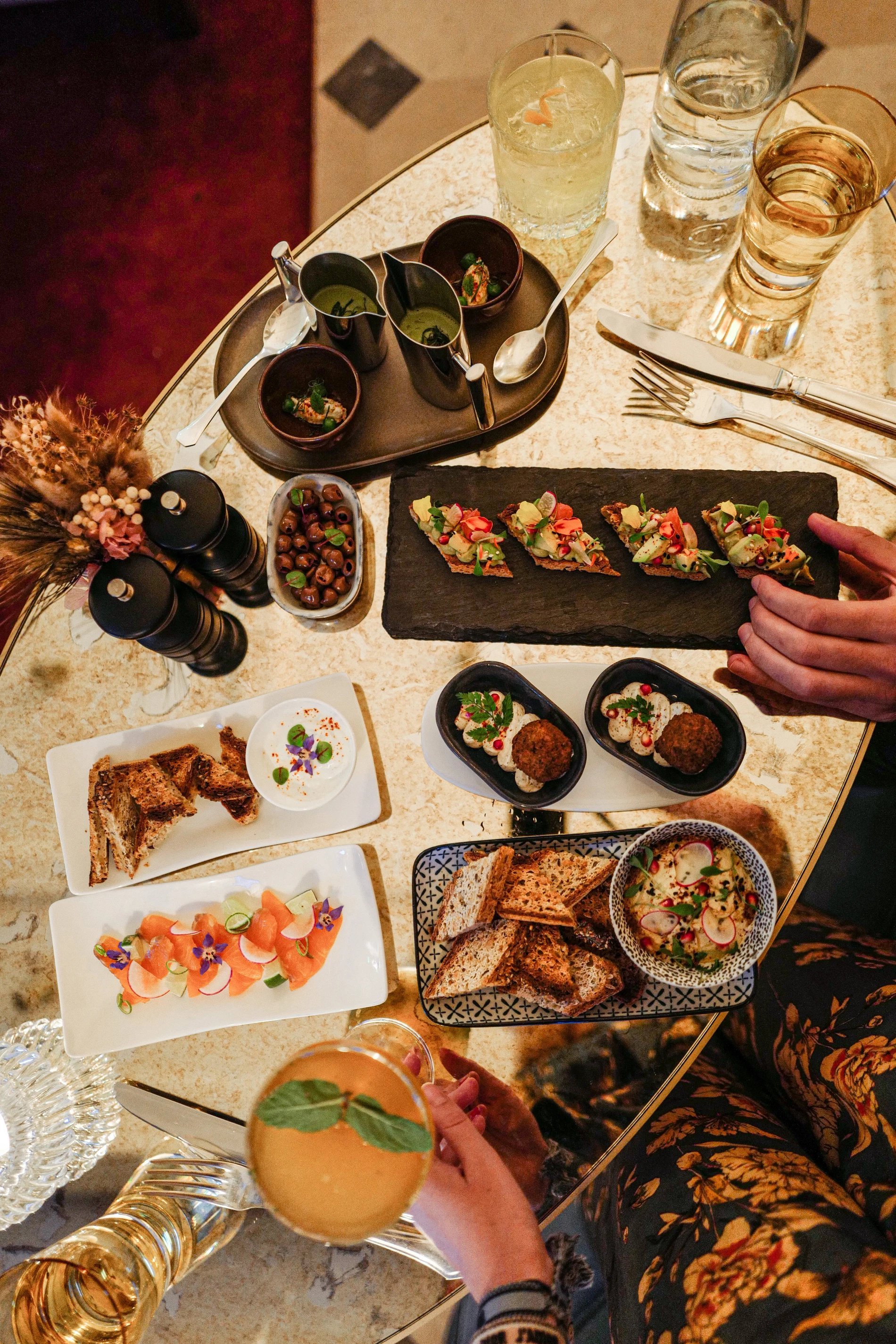 Brunch selection at Café 52 with assorted dishes and fresh drinks