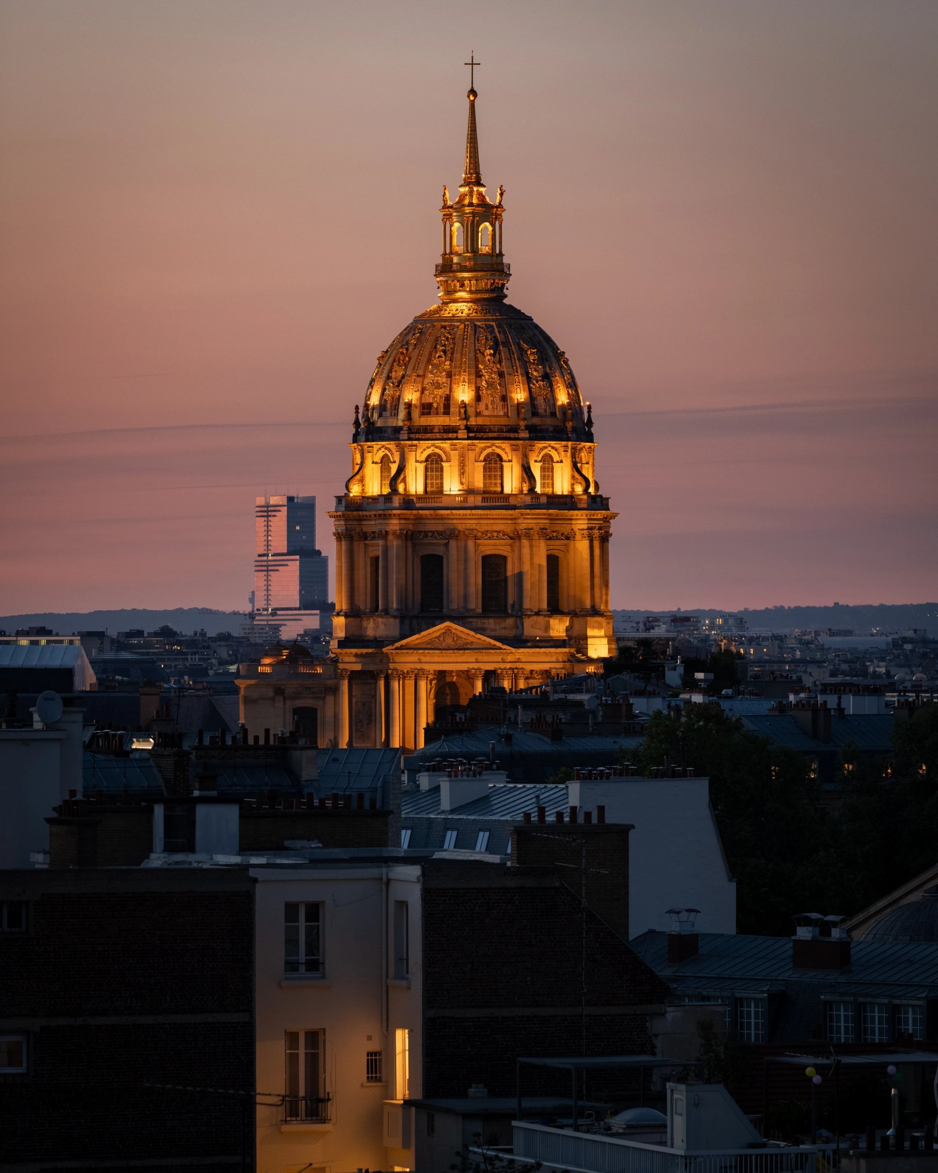 Dome of Saint-Sulpice Church in Paris illuminated at sunset