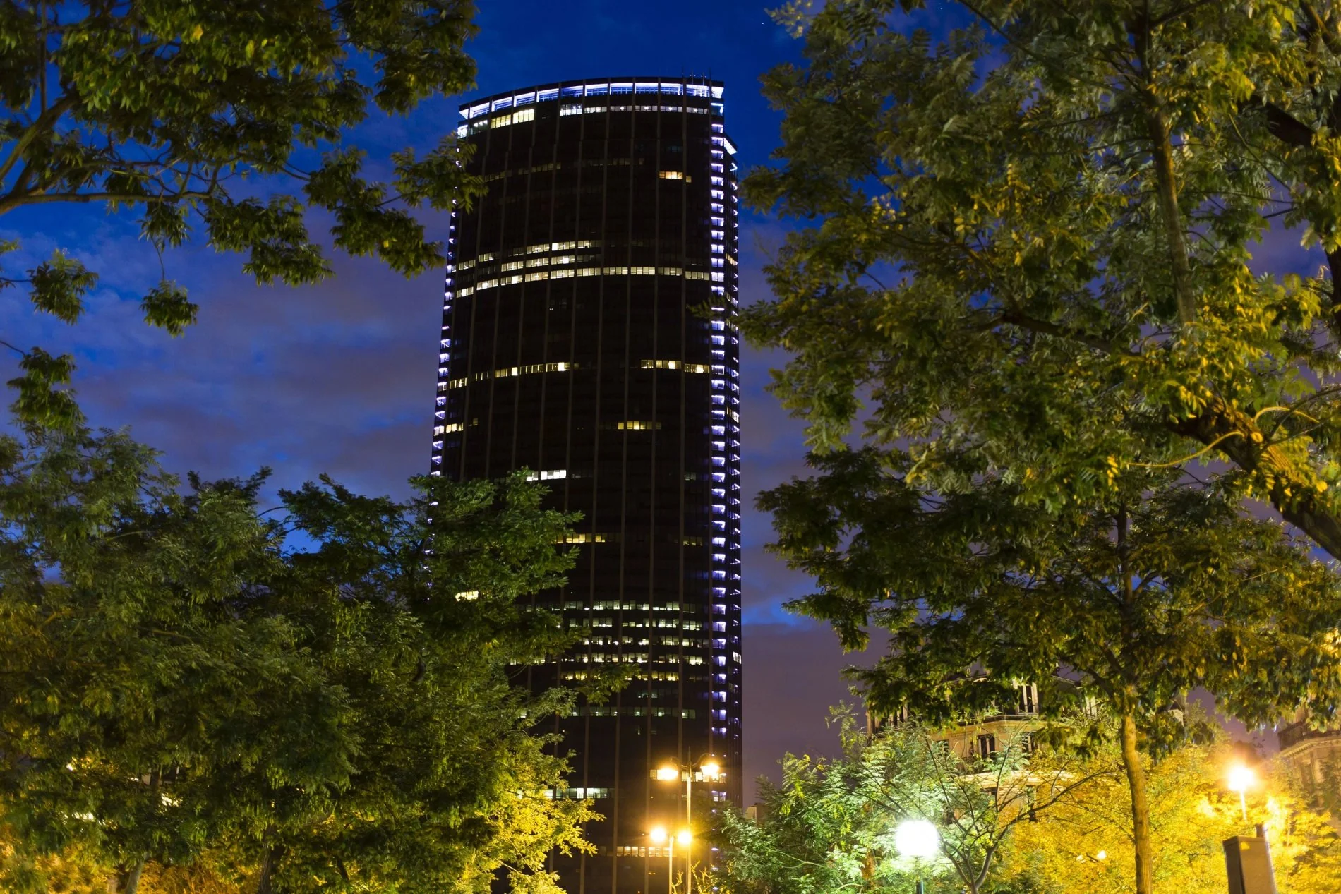 Tour Montparnasse vue de nuit depuis le parc