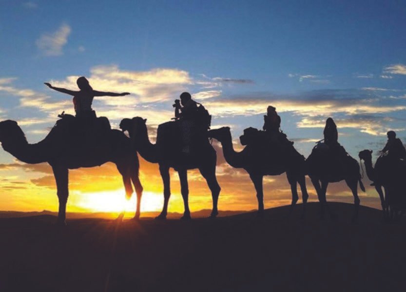 Balade à dos de chameau au coucher du soleil dans le désert près du Berbère Palace