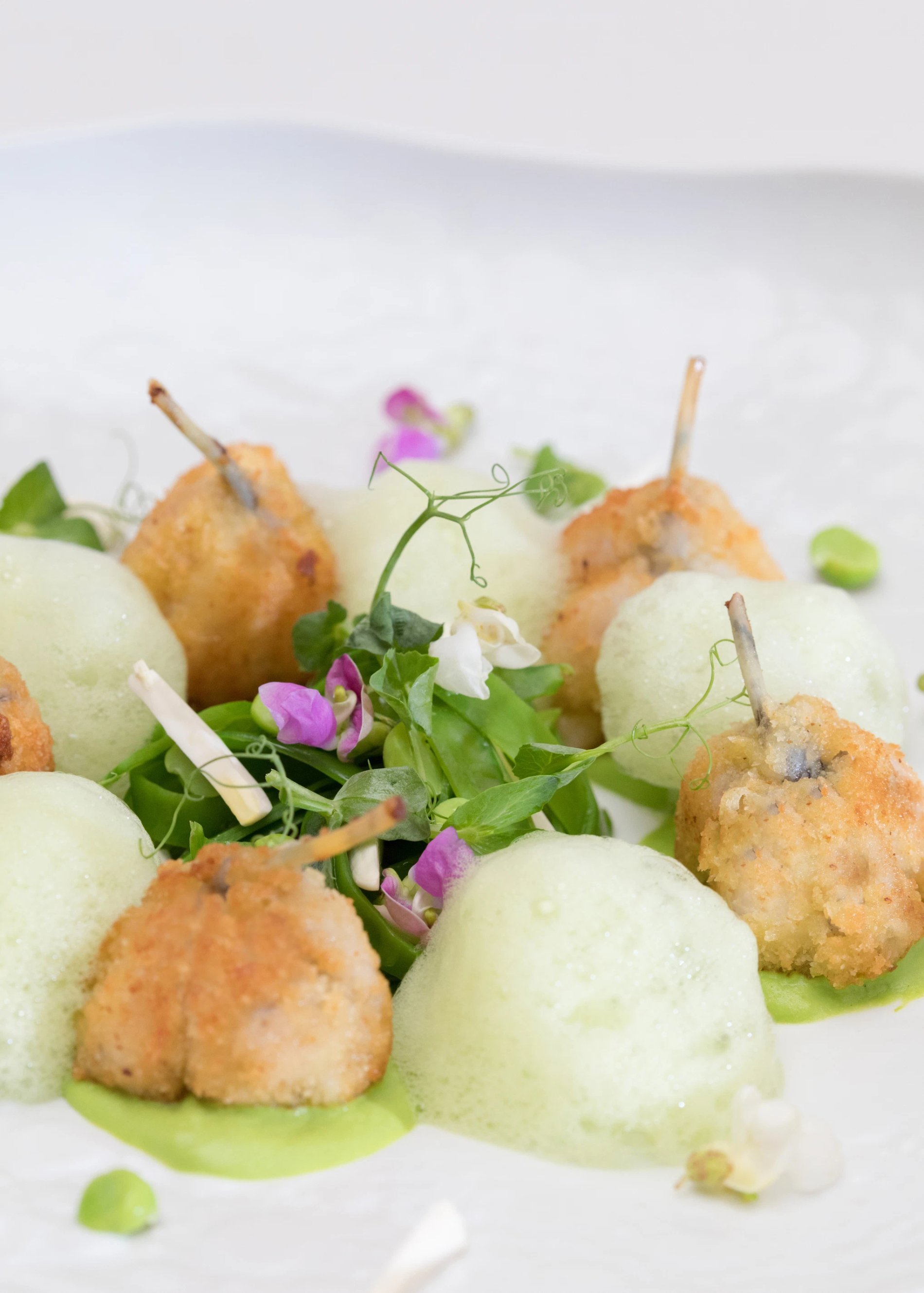 Gourmet plate with breaded bites, purée and herbs served on a white plate