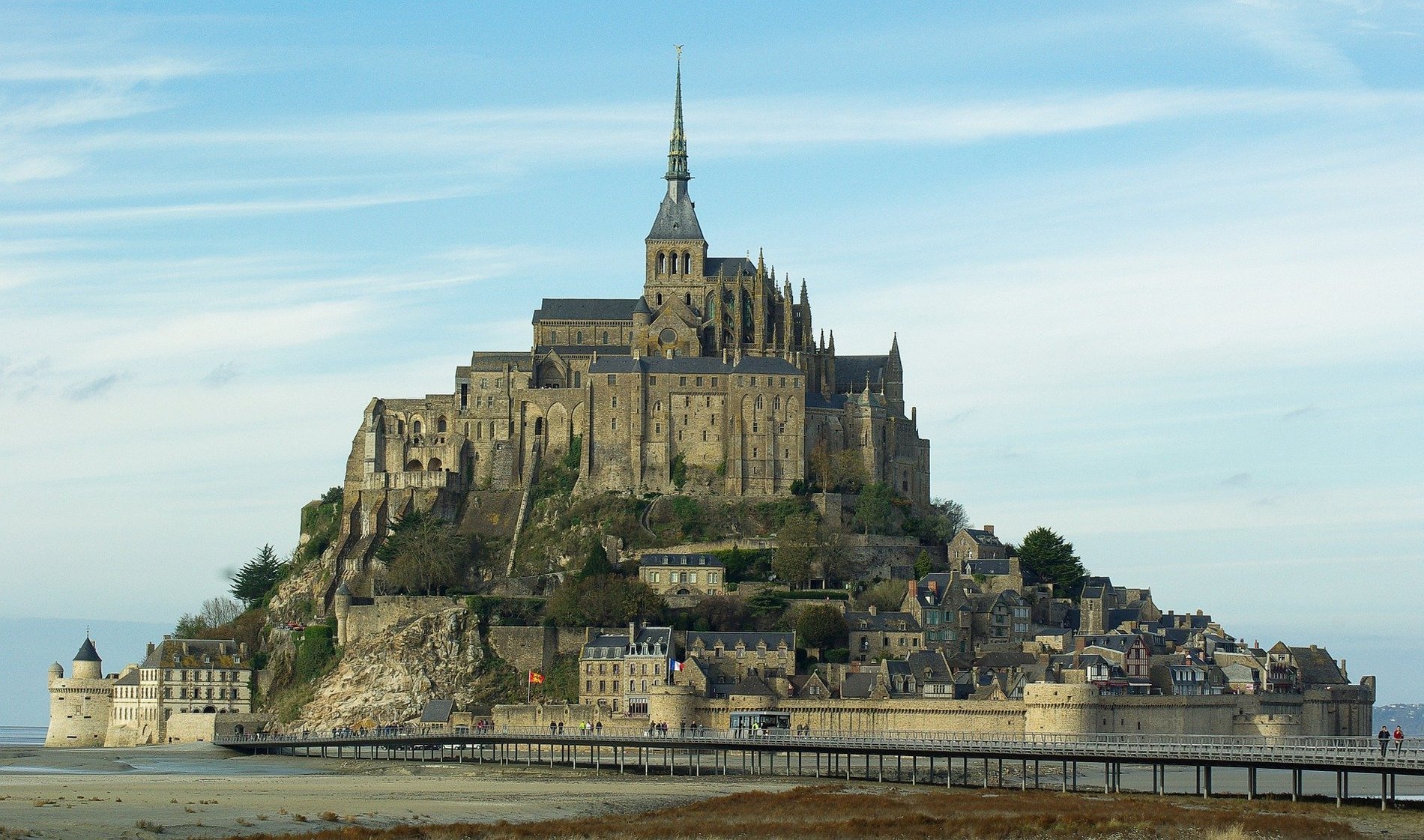 Le Mont Saint-Michel sous un ciel clair, symbolisant la beauté du monument historique en Normandie.