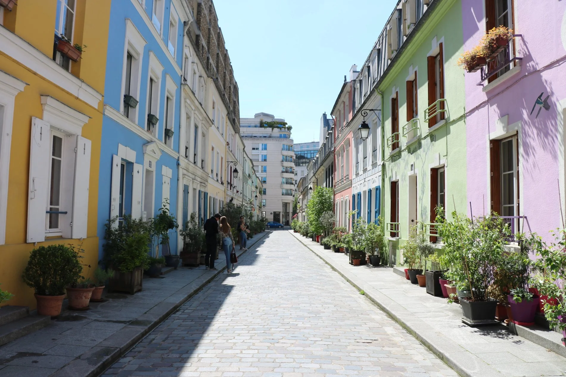 Rue colorée à Paris, avec maisons pittoresques et plantes