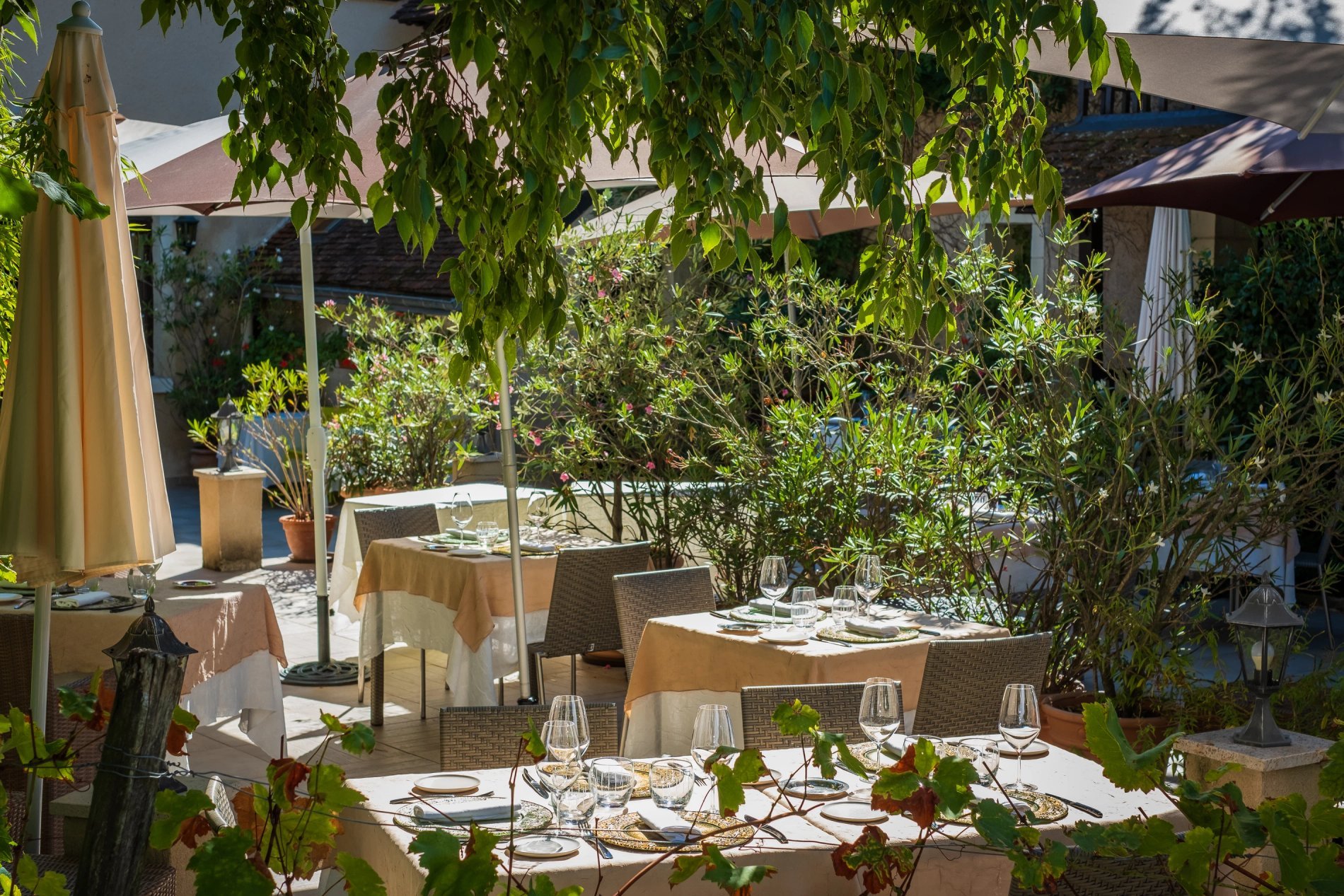 Terrasse de l'Auberge du Bon Laboureur à Chenonceaux avec des tables dressées sous les arbres
