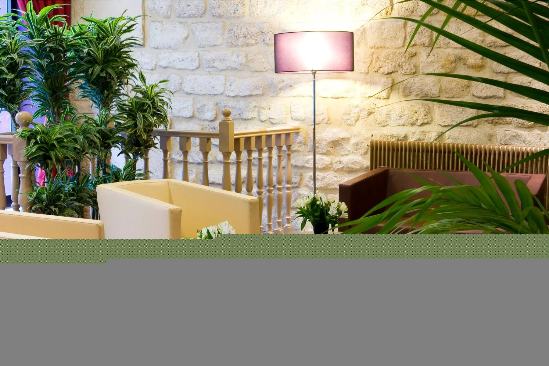 Espace de détente au Timhotel, avec plantes vertes et murs en pierre
