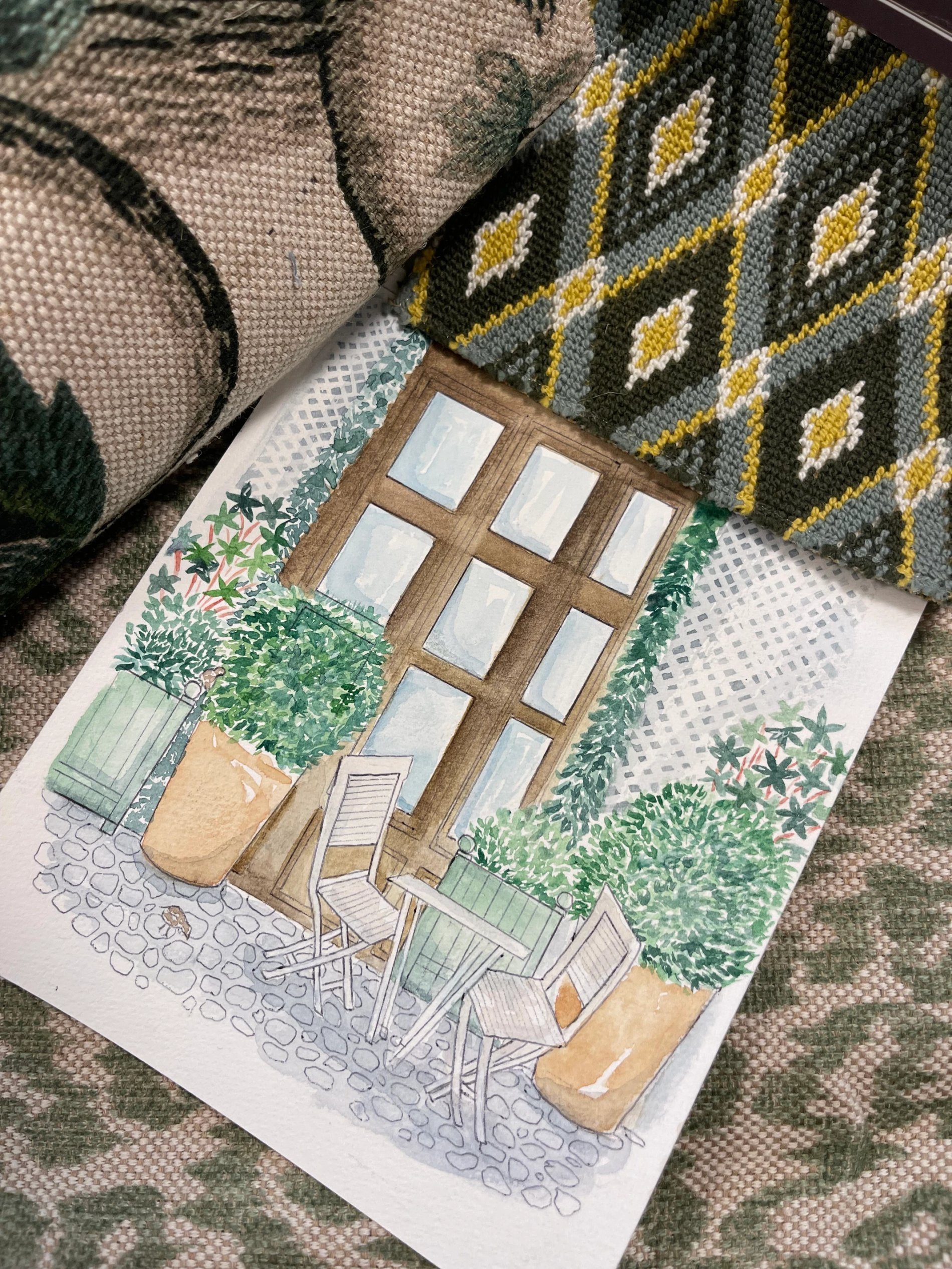 Terrace sketch over decorative fabrics of Hôtel Prince de Conti