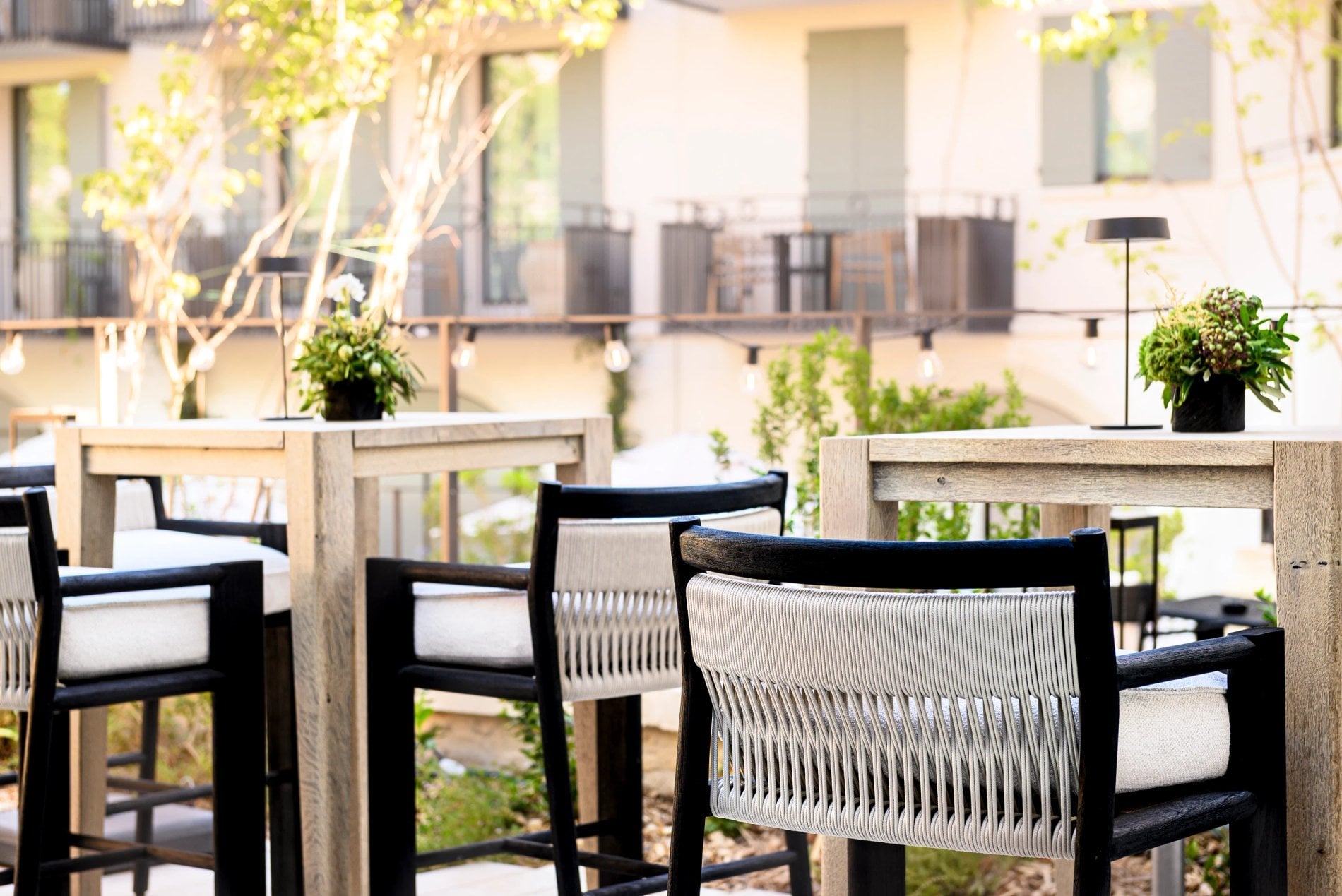 Bright terrace set up for seminar breaks at L’Isle de Leos