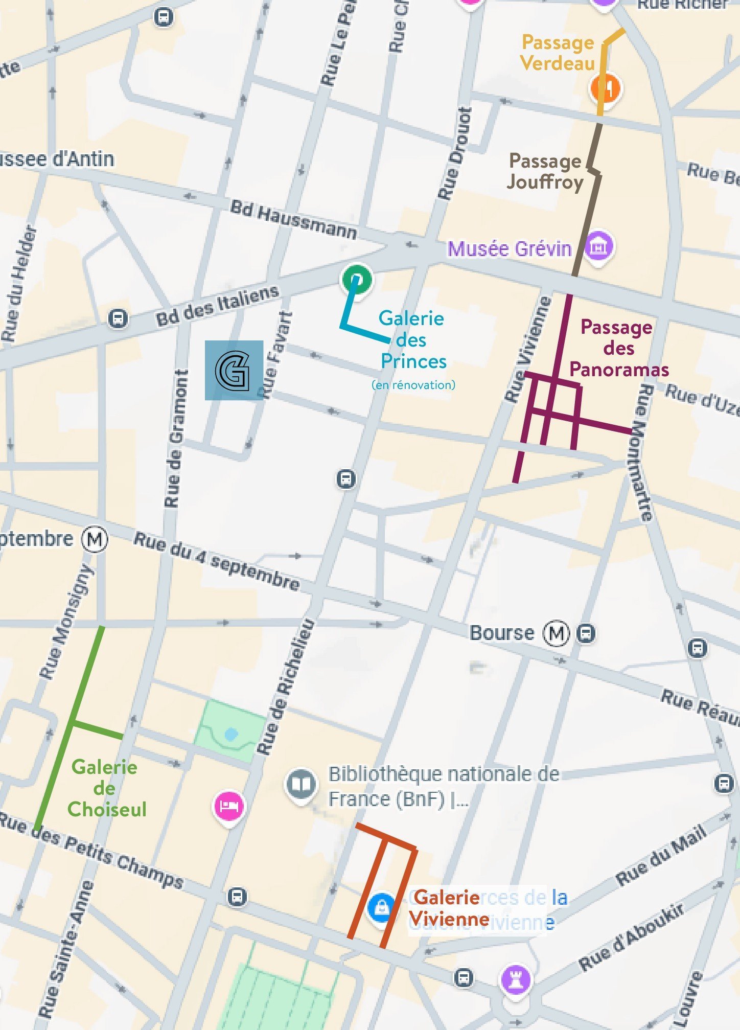 Mappa dei passaggi coperti intorno all’Hôtel Gramont nel 2° arrondissement di Parigi