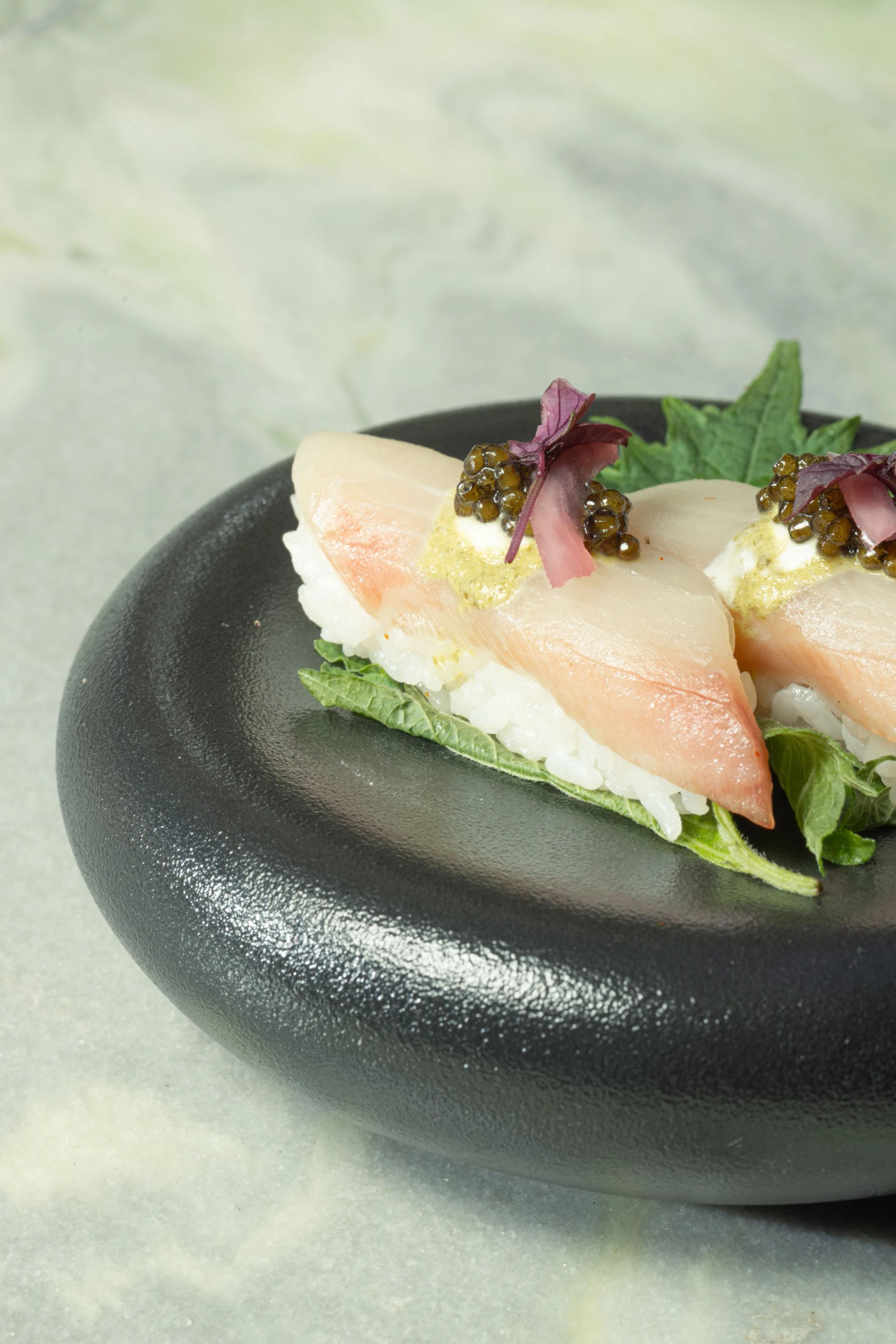 Gastronomic plate with raw fish and vegetable garnish on a black plate at the Spa Villa Belle Plage