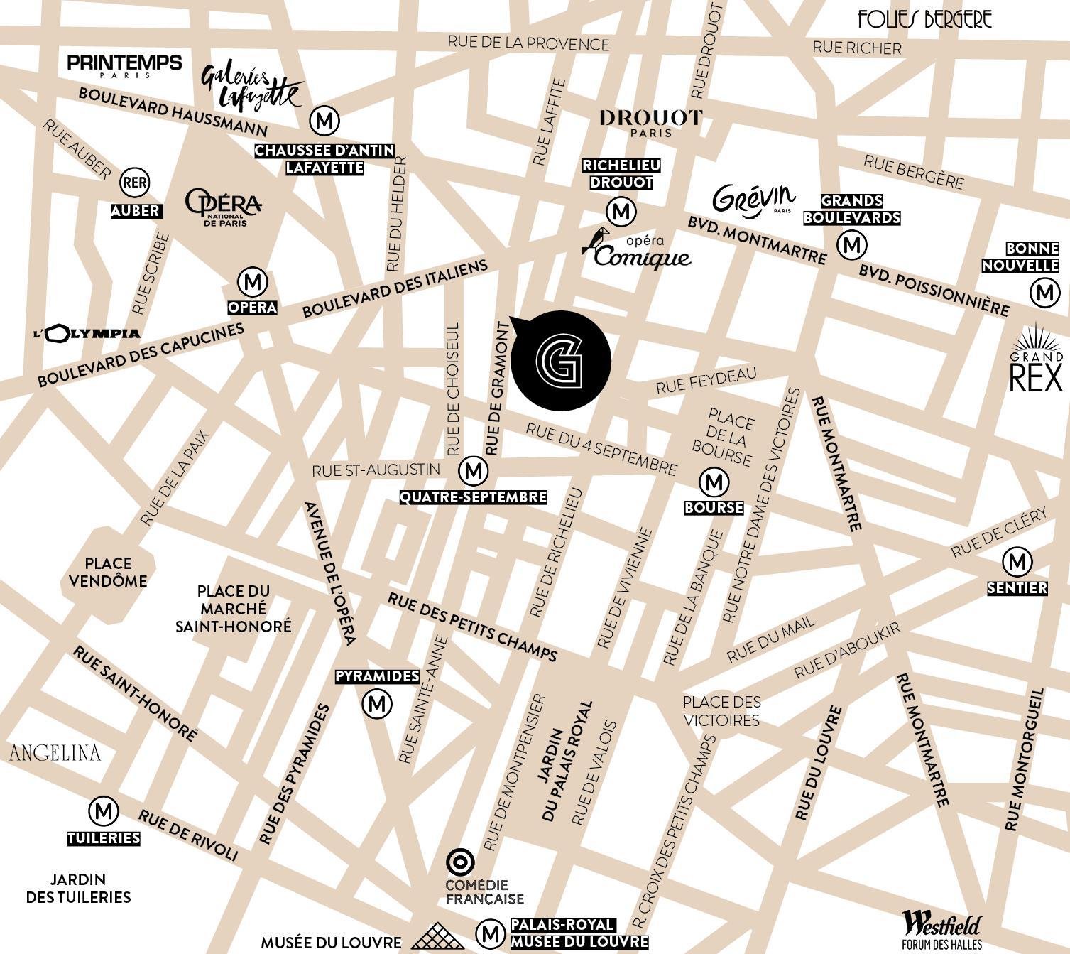 The map of the Hotel Gramont neighborhood, located close to the Opera. Transports and car park around.