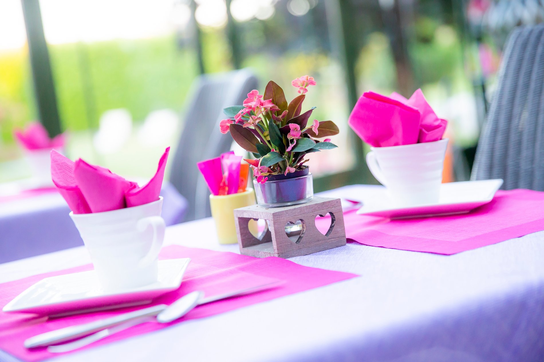 Table de petit-déjeuner de l'Hôtel La Ramade avec serviettes roses et petites plantes, symbolisant un cadre élégant pour le premier repas de la journée.