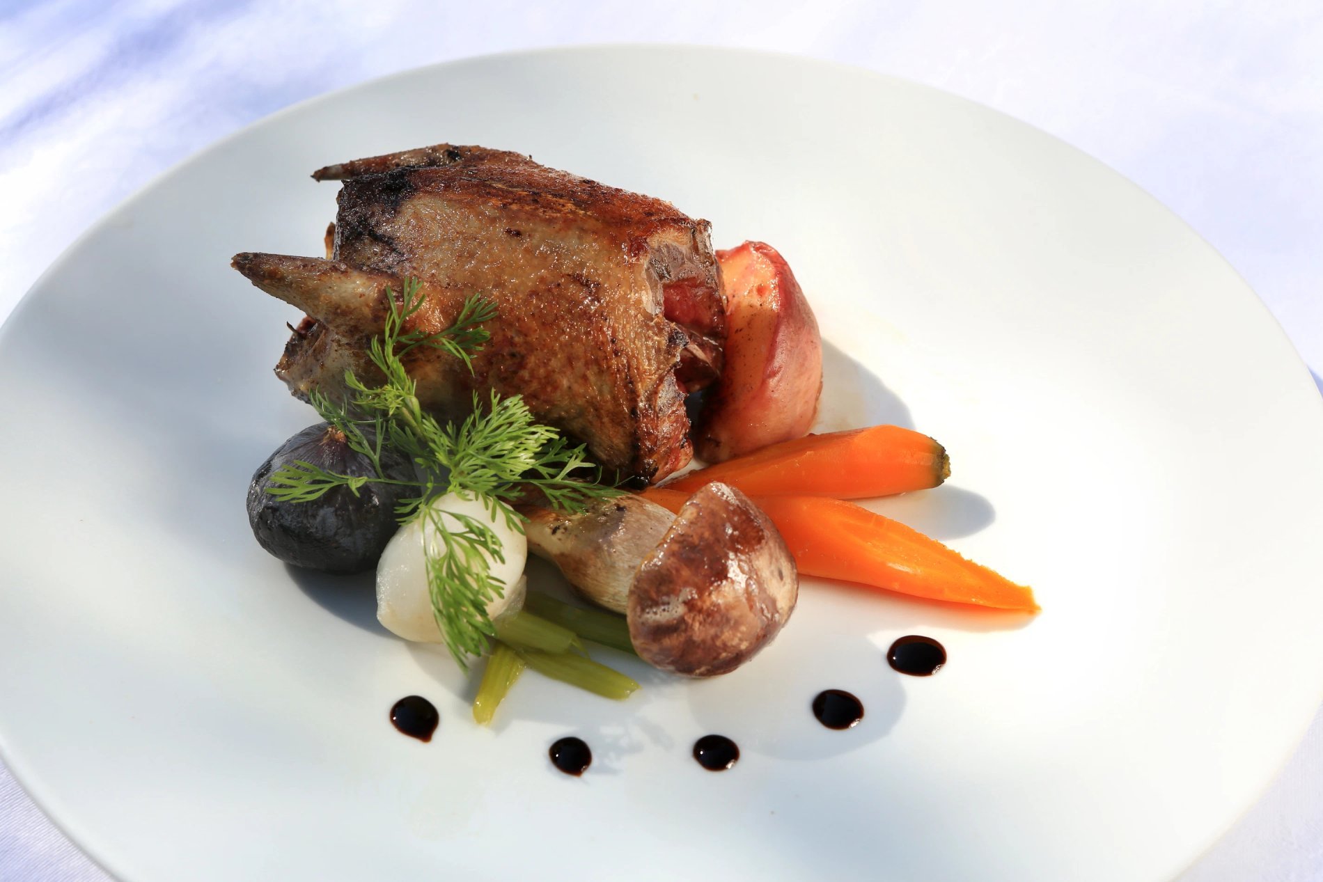 Plat de volaille avec légumes et sauce, symbolisant une création savoureuse du restaurant de l'Hôtel La Ramade.