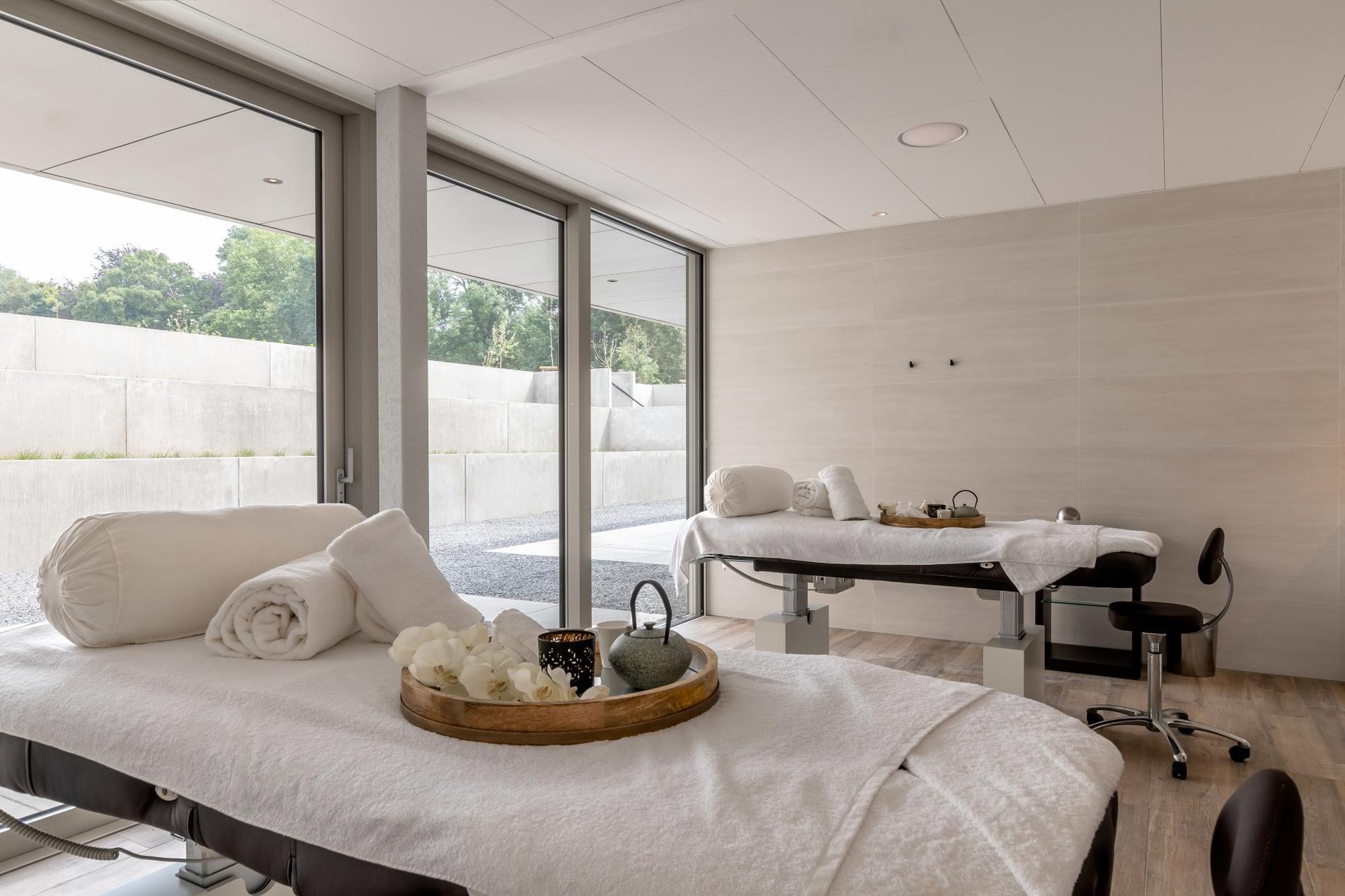 Bright treatment room in a spa in Belgium.