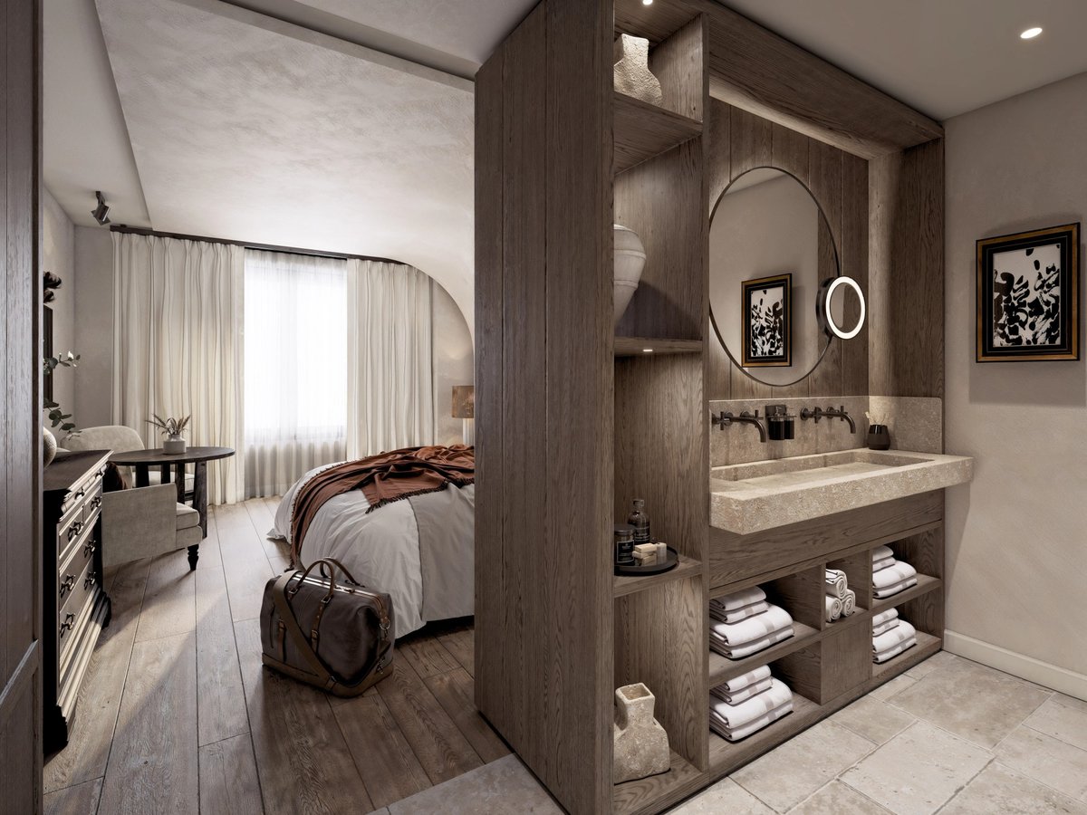 Isle de Leos, Salle de bain moderne et lumineuse dans une chambre de L'Isle de Leos
