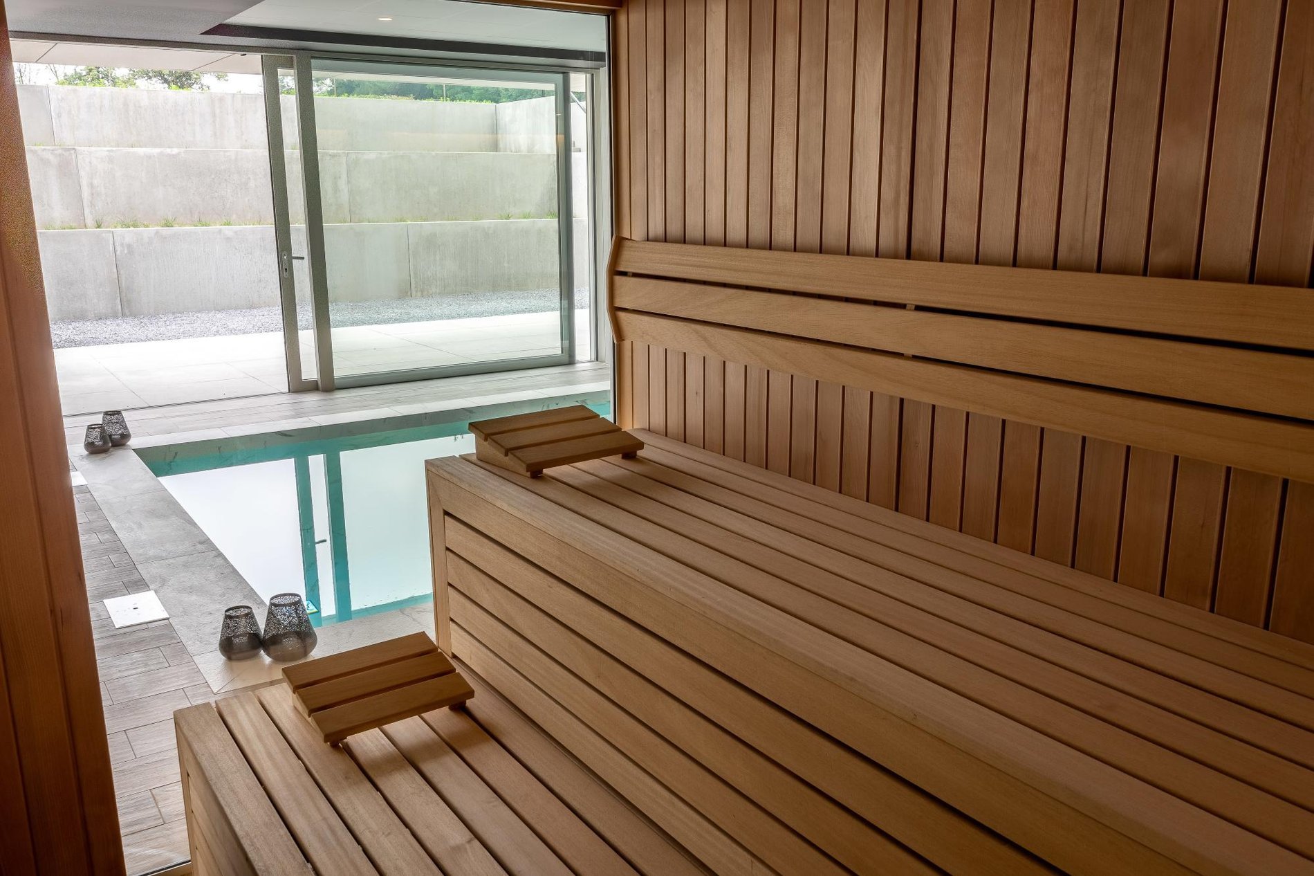 Sauna with outdoor view in a spa in Belgium.