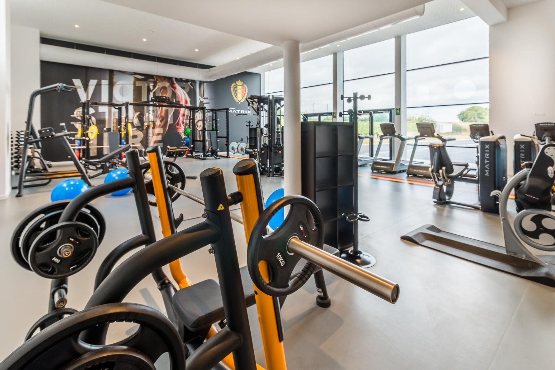 Heldere fitnessruimte met moderne kracht- en cardiotoestellen naast een groot raam.