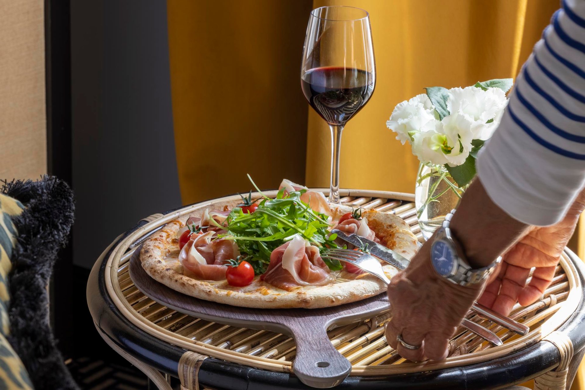 Grand Hotel Chicago room service pizza wine