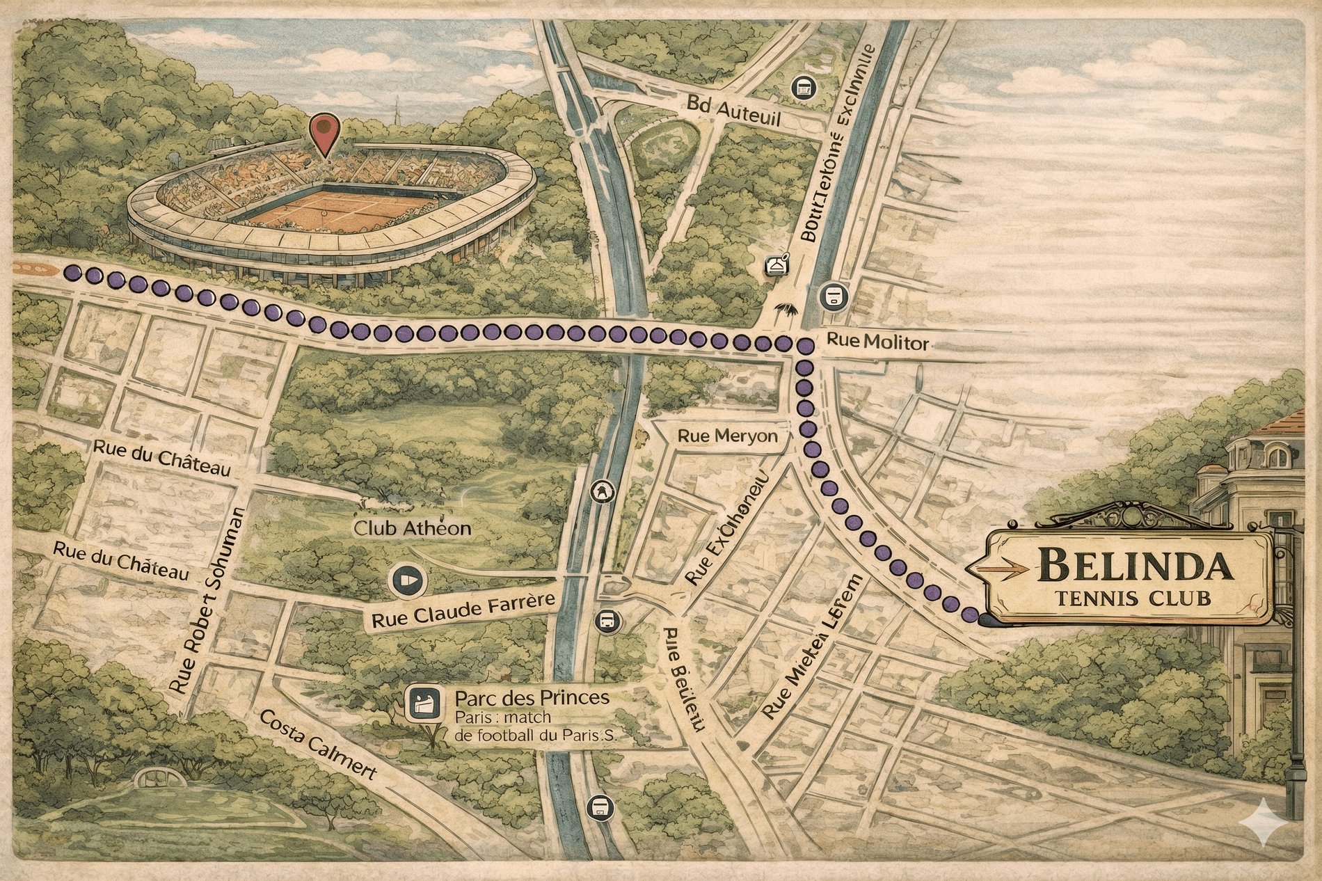 Mapa para ir a pie desde el hotel Belinda hasta Roland Garros